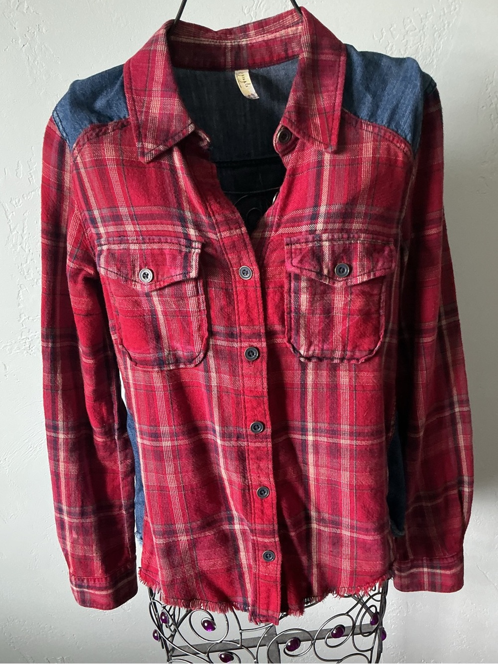 Free People Red Plaid Relaxed Shirt Jacket with Denim Accents